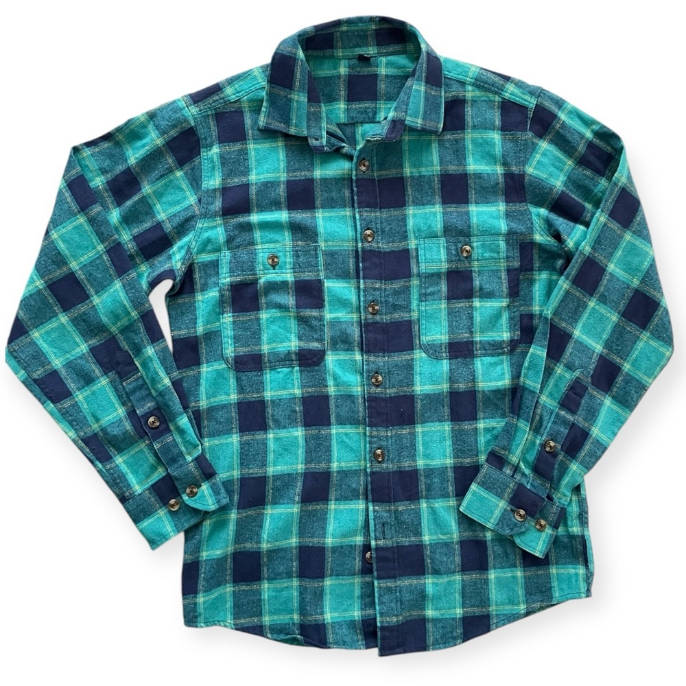 Men's Green and Blue Plaid Casual Button Down Shirt